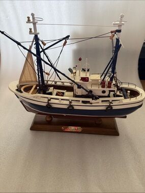 MARINA Wooden Model Boat Accent in Navy, White & Brown